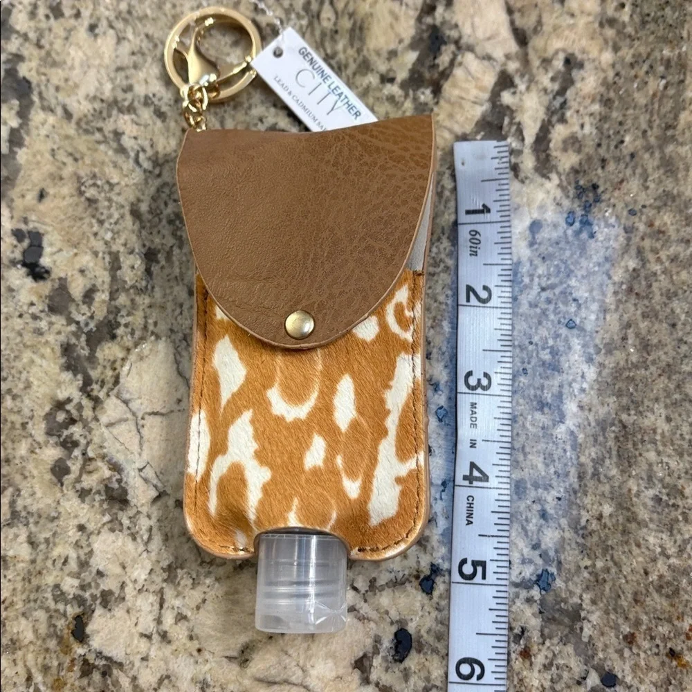 Animal print sanitizer lotion travel case calf hair genuine leather key chain